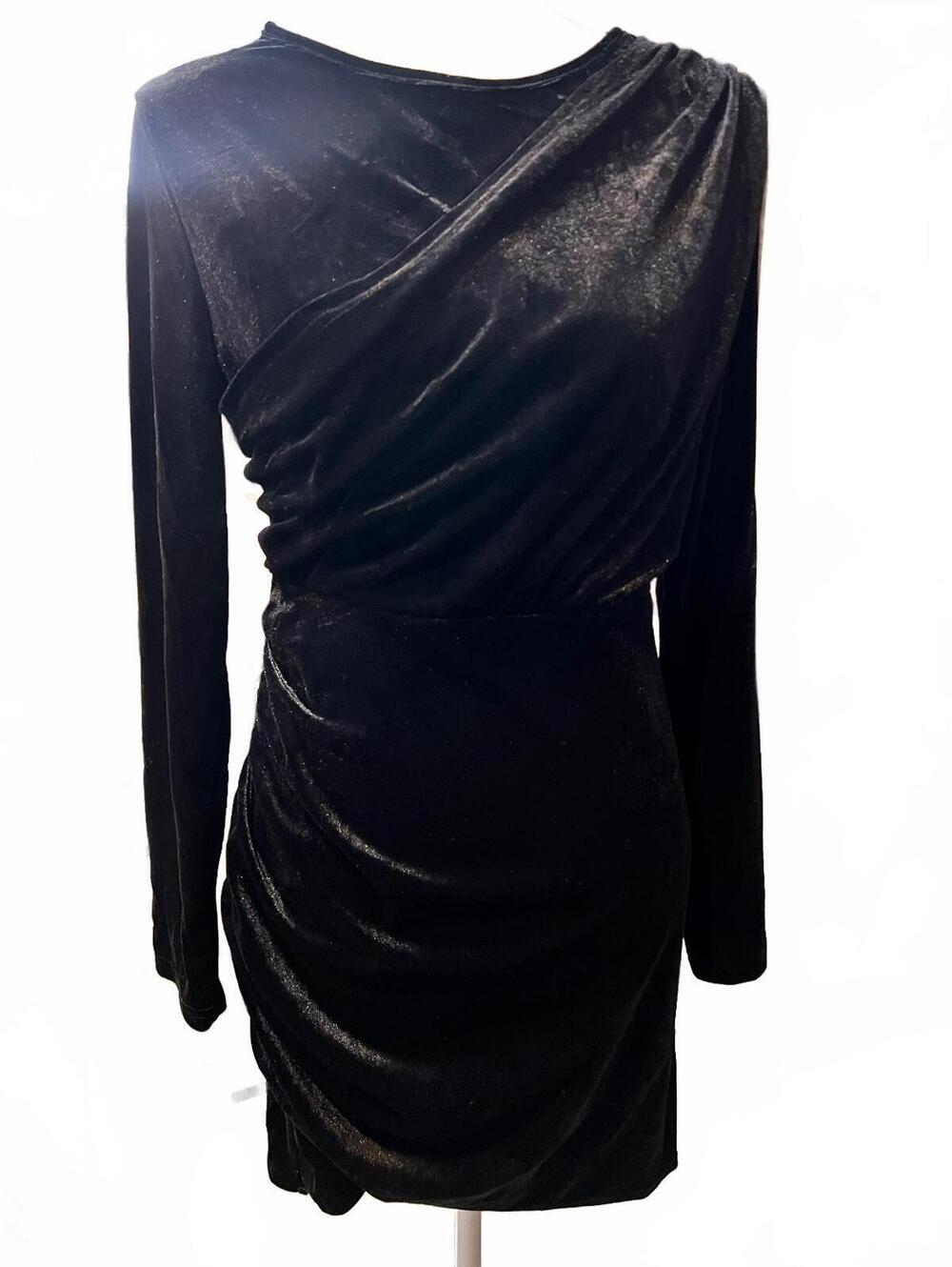 Black Velvet Midi Dress with Long Sleeves and Draped Detail Size L